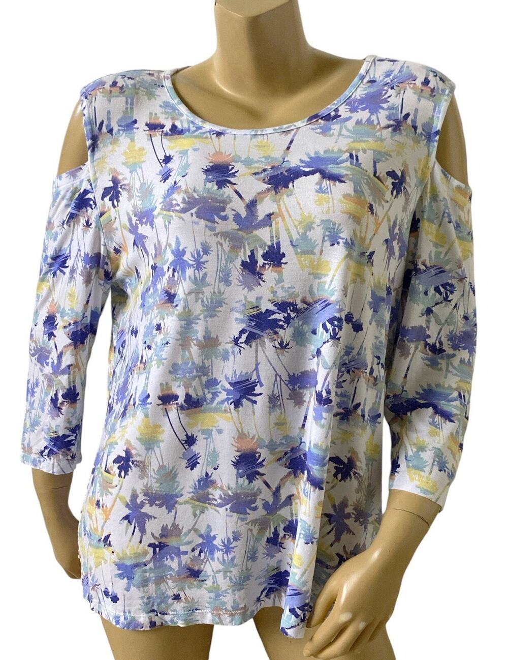 Palm Grove Tunic Top Womens Large Tropical Palm Tree Cold Shoulder 3/4 Sleeve
